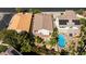 Aerial view of a beautiful backyard with a pool, patio, and lush landscaping at 270 New River Cir, Henderson, NV 89052