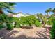Private backyard featuring lush greenery, mature trees, and desert landscaping at 270 New River Cir, Henderson, NV 89052