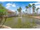 Community pond with fountain, palm trees, and lush landscaping, creating a serene outdoor environment at 5000 Red Rock St # 259, Las Vegas, NV 89118