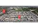 Aerial view of a residential area, highlighting the location of a home on a tree lined street at 7072 Arabian Ridge St, Las Vegas, NV 89131