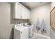 Functional laundry room with modern washer and dryer, ample storage, and neatly hung towels at 1044 Forest Falcon Dr, Henderson, NV 89011