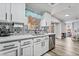 Bright kitchen with stainless steel appliances, white cabinets, and decorative backsplash at 2507 Albemarle Way, Henderson, NV 89014