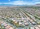 Stunning aerial view of a neighborhood featuring lush landscaping, pools, and well-maintained homes at 4196 Balmoral Castle Ct, Las Vegas, NV 89141