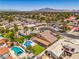 Expansive aerial view of a neighborhood featuring mature landscaping and a private swimming pool at 4475 Harmony Ct, Las Vegas, NV 89121