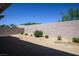 Simple backyard landscape with gravel, shrubs and a block wall fence at 6432 Linden St, North Las Vegas, NV 89086