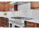 Close up of stainless steel range with stainless steel hood and custom wood cabinets at 7260 Grace Estate Ave, Las Vegas, NV 89113