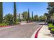 Exterior of community gate with well-manicured landscaping and tall trees giving it a luxurious appeal at 939 Paisley St, Las Vegas, NV 89145