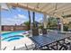 Relaxing pool and patio area with shaded seating, ideal for enjoying sunny days and outdoor dining at 9585 Teton Diablo Ave, Las Vegas, NV 89117