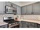 Stylish kitchen featuring gray cabinets, stainless steel appliances, and patterned backsplash for a modern touch at 1073 Pleasure Ln # 2, Henderson, NV 89002
