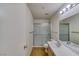 Clean bathroom features a shower with glass doors, ample countertop space, and updated fixtures at 2040 Mesquite Ln # 203, Laughlin, NV 89029