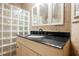 Stylish bathroom features granite counters, updated lighting, tile walls, and a glass-block shower stall at 2050 W Warm Springs Rd # 4322, Henderson, NV 89014