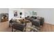 Staged living room featuring a stone fireplace, modern furniture, and wood-look flooring at 3320 Osage Ave, Las Vegas, NV 89101