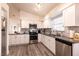 A view of the kitchen showcases white cabinets, stainless steel appliances, and stylish backsplash at 5028 Glenarden Dr, Las Vegas, NV 89130