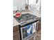 Close-up of a stainless steel gas range oven with granite countertops and modern tile backsplash at 5889 Thistle Meadow Ave, Las Vegas, NV 89139