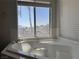 Bright bathroom features a large soaking tub with a window offering views of a lush palm tree at 11029 Meadow Leaf Ave, Las Vegas, NV 89144