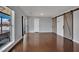 Spacious living room featuring modern sliding barn doors and polished concrete floors at 1190 E Carson Ave, Las Vegas, NV 89101