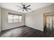 Inviting bedroom features ceiling fan, view from window, with stylish wood flooring at 2900 Sunridge Heights Pkwy # 518, Henderson, NV 89052