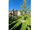 Backyard features a modern playground, young trees, and lush artifical turf at 438 Wind Poppy St, Las Vegas, NV 89138