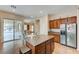 Bright kitchen boasting a center island, stainless steel appliances, and direct access to the outdoor patio at 9092 National Park Dr, Las Vegas, NV 89178