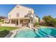 Inviting backyard with a sparkling pool, patio seating area, and lush landscaping at 9485 Supernova Ct, Las Vegas, NV 89123