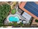 Aerial view of a home showcasing a pool, putting green, outdoor kitchen, and patio for ultimate outdoor enjoyment at 1028 Dodger Blue Ave, Las Vegas, NV 89123