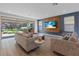 Comfortable living room featuring a modern TV wall and sliding doors to the backyard at 1957 Regal Bluff Dr, Henderson, NV 89052