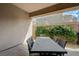 Covered patio with an outdoor dining table and chairs overlooking the backyard landscaping at 2124 Pont National Dr, Henderson, NV 89044