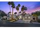 Beautiful home exterior at sunset with meticulously landscaped front yard, mature palm trees, and a private driveway at 219 Windsong Dr, Henderson, NV 89074