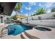 Beautiful backyard pool and spa area with spacious patio, lounge seating, and serene landscaping at 219 Windsong Dr, Henderson, NV 89074