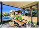 Inviting covered patio with stylish furniture, artificial turf, and a clear view of the sparkling pool at 5155 Rock Daisy Dr, Las Vegas, NV 89135