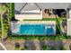 Overhead view of a private backyard featuring a sparkling pool, spa, and stylish patio furniture at 5155 Rock Daisy Dr, Las Vegas, NV 89135