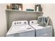 Bright laundry room with modern Whirlpool washer and dryer, and organized shelving at 6928 Wrightshire St # 19, Las Vegas, NV 89166