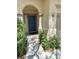 Inviting entryway with a blue front door and well-maintained landscaping at 8682 Gateway Glen Dr, Las Vegas, NV 89178