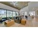 Bright living room with modern furnishings, an open floor plan, and sliding glass doors overlooking the golf course at 9425 Villa Ridge Dr, Las Vegas, NV 89134