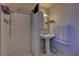 Bathroom featuring walk-in shower, single sink, mirror, and wall storage at 4445 Peterson Dr, Las Vegas, NV 89103