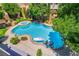 An aerial shot showcases a luxurious pool and spa surrounded by lush landscaping and a serene backyard oasis at 5186 San Milano Ave, Las Vegas, NV 89141