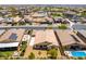 Aerial shot of desert home with manicured backyard, solar panels, space for RV, and community pool at 7265 Southern Magnolia St, Las Vegas, NV 89149