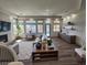 Light-filled living room features wood floors, a fireplace, and backyard views at 9921 Mirada Dr, Las Vegas, NV 89144