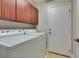 Convenient laundry room with washer, dryer, upper cabinets and exterior door at 1917 Badger Canyon Ave, North Las Vegas, NV 89031