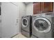 This modern laundry room features stainless steel washer and dryer units and custom cabinets at 5745 Sagamore Canyon St, North Las Vegas, NV 89081