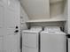 Bright laundry room with a modern washer and dryer, and a shelf for storage above at 10908 Royal Highlands St, Las Vegas, NV 89141