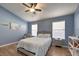 Comfortable bedroom featuring wood floors, blue walls, ceiling fan, and two windows with blinds at 8109 Sunset Mill Dr, Las Vegas, NV 89128