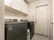 Laundry room featuring a washer and dryer, white cabinets, and a door at 945 Stetson Dr, Henderson, NV 89002