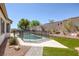 Backyard swimming pool secured by mesh fence, framed by concrete patio, grass, and desert landscape at 10113 Plomosa Pl, Las Vegas, NV 89134