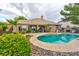 Spacious backyard featuring a sparkling pool, an outdoor fireplace, and well-maintained landscaping for outdoor enjoyment at 1704 River Birch St, Las Vegas, NV 89117