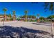 Sand volleyball court in a tropical desert community with palm trees and lush landscaping at 2436 Grassy Spring Pl, Las Vegas, NV 89135
