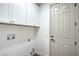 Convenient laundry room with white cabinets and a door, offering practicality and a clean aesthetic at 3020 Via Venezia, Henderson, NV 89052