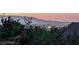 Breathtaking panoramic view of the city lights and mountains in the distance, partially obstructed by trees and a roof at 3050 Whispering Crest Dr, Henderson, NV 89052