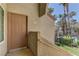 Exterior entryway showcasing a front door with view of pool, fence, and palm trees at 3145 E Flamingo Rd # 2080, Las Vegas, NV 89121