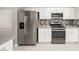 Modern kitchen features stainless steel refrigerator, range, microwave, and white cabinetry at 5133 Burr Oak Dr, Las Vegas, NV 89130